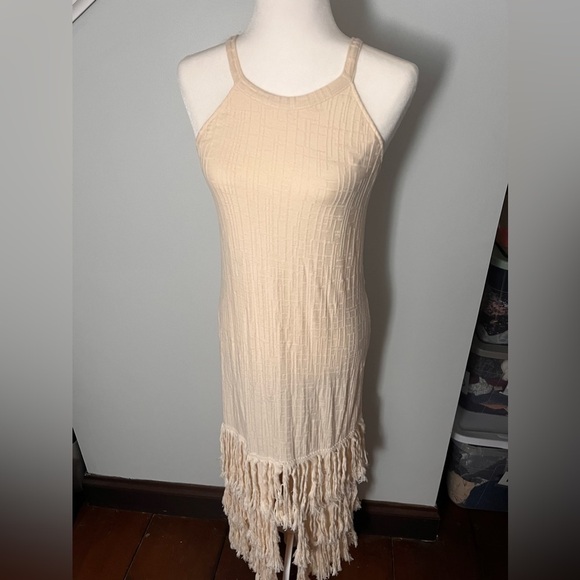 Zara Dresses & Skirts - Zara Medium women’s vanilla tan cream maxi dress fringe fitted tribal vibe